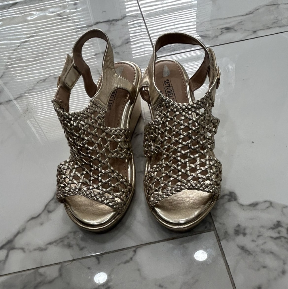 Seychelles Metallic Gold Braided Slingback Wedge Sandals